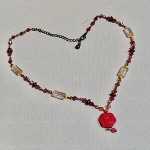 Cinnabar Red Pendant & Crystal Beads Necklace